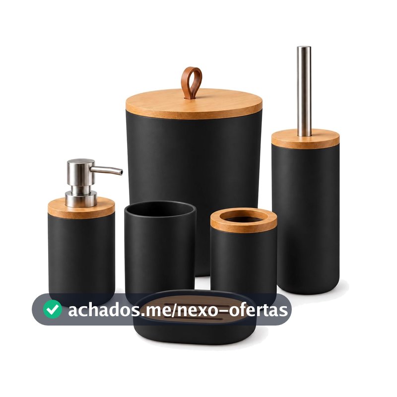 Kit Banheiro 6 Peças - Lixeira com Tampa, Dispenser de Sabonete Líquido, Saboneteira, Porta Escova de Dentes, Copo e Escova Sanitária - Conjunto Completo para Decoração de Banheiro (Preto)