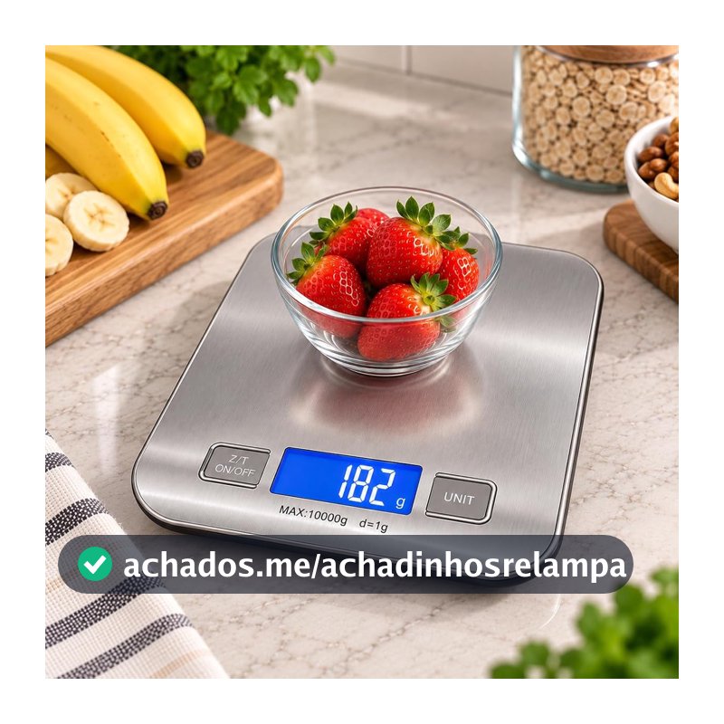 Balança Digital de Cozinha Precisão de 1g a 10kg Premium Resistente à Água em Inox Função Tara Fitness Display LCD Base Antiderrapante Durável Portátil para Alimentos e Dietas + 2 Pilhas AAA