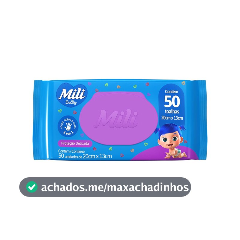 Mili Toalhas Umedecidas Baby, Uso Bebê, Com Aloe Vera e Calêndula, Dermatologicamente Testadas, 50 Unidades