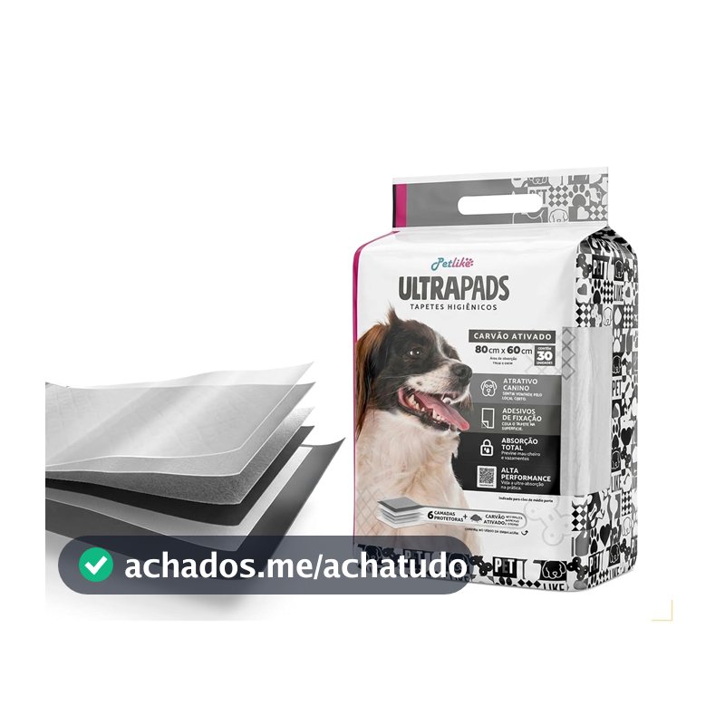 Tapete Higiênico Premium para cães Petlike Ultrapads Carvão Ativado 80cmx60cm 30 unid.