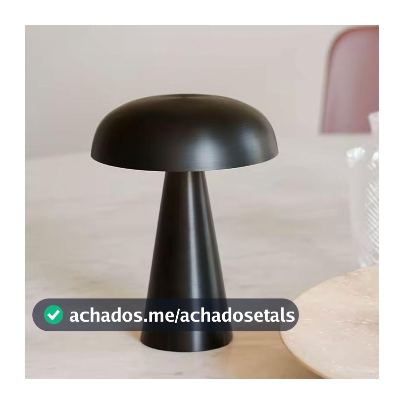Luminária Abajur de Mesa Cogumelo Metálico LED, Sem Fio, Quarto Restaurante, Recarregável USB, Touch com Dimmer (Preto)