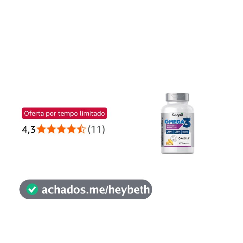 Katiguá, Ômega 3 + Colágeno Tipo II, MEG-3, EPA + DHA e Vitamina E, Fish Oil, 60 Cápsulas Soft Gel • 30 doses, Branco