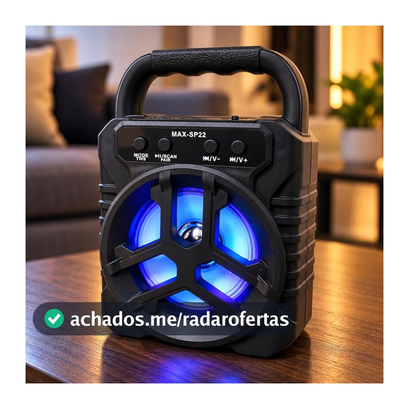 Caixa de Som Bluetooth Portátil 8W com LED RGB, TWS, Rádio FM, USB, Cartão TF Micro SD, Bateria Recarregável 500mAh, Recarga USB-C, Alto-Falante 3” com Alça, Preta
