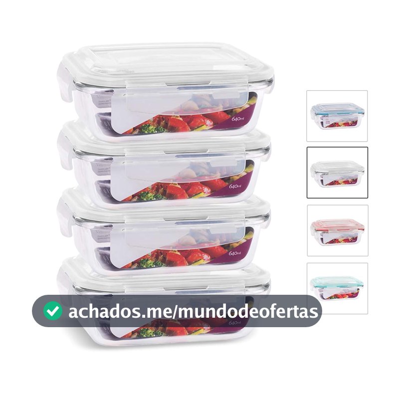 House Organizer Conjunto 4 Potes de Vidro Retangular com Tampa Hermética 640ml