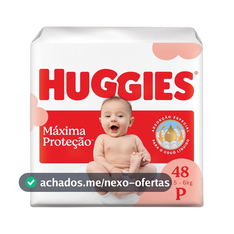 Fralda Descartável Huggies Máxima Proteção Tamanho P 48 unidades – com absorção especial para cocô líquido e indicador de troca.