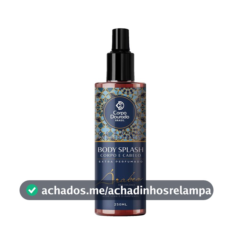 Body Splash Árabe Corpo e Cabelo 250ml Parfum Inspiration Oriental Amadeirado Fragrância Intensa Quente e Marcante Aloe Vera D-Pantenol Perfuma Hidrata Fixação Duradoura Uso Diário Corpo e Cabelos Corpo Dourado