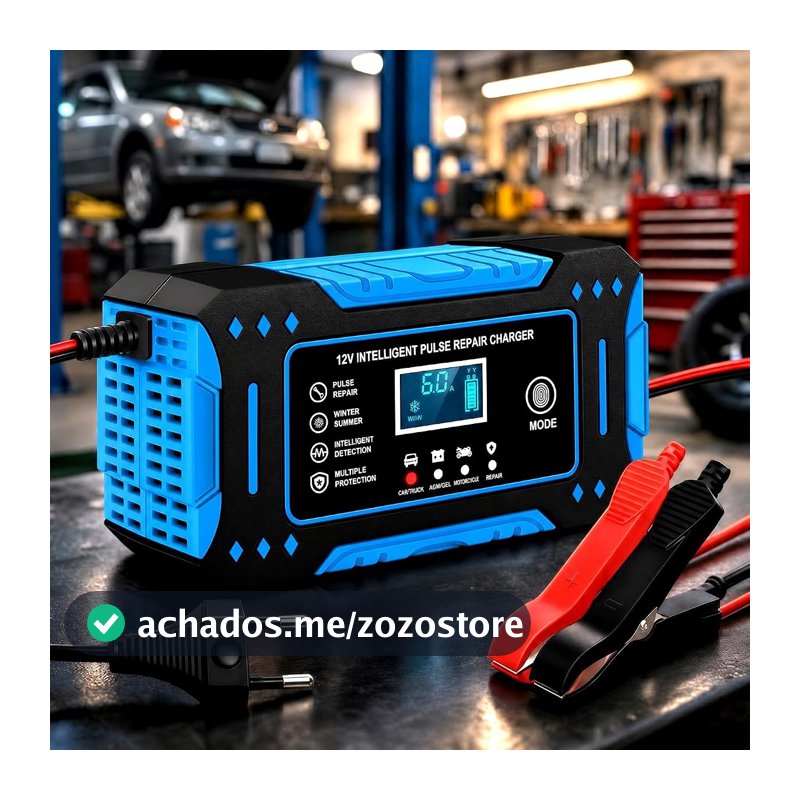 Carregador De Bateria Automotivo, Bivolt, Inteligente 12V 6A Para Carros E Motos Com Tela Digital, Sobrecarga Superaquecimento, Linha Premium Automotiva (Azul Céu)