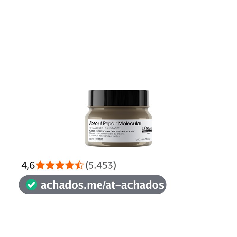 L'Oréal Professionnel Máscara Absolut Repair Molecular, Repara os Danos & Recupera a Força, Maciez & Desembaraço, Para cabelos danificados e muito danificados