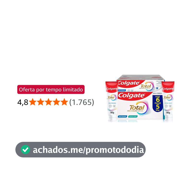 Colgate Total Whitening & Fresh Mint Creme Dental Clareador, 6x90g