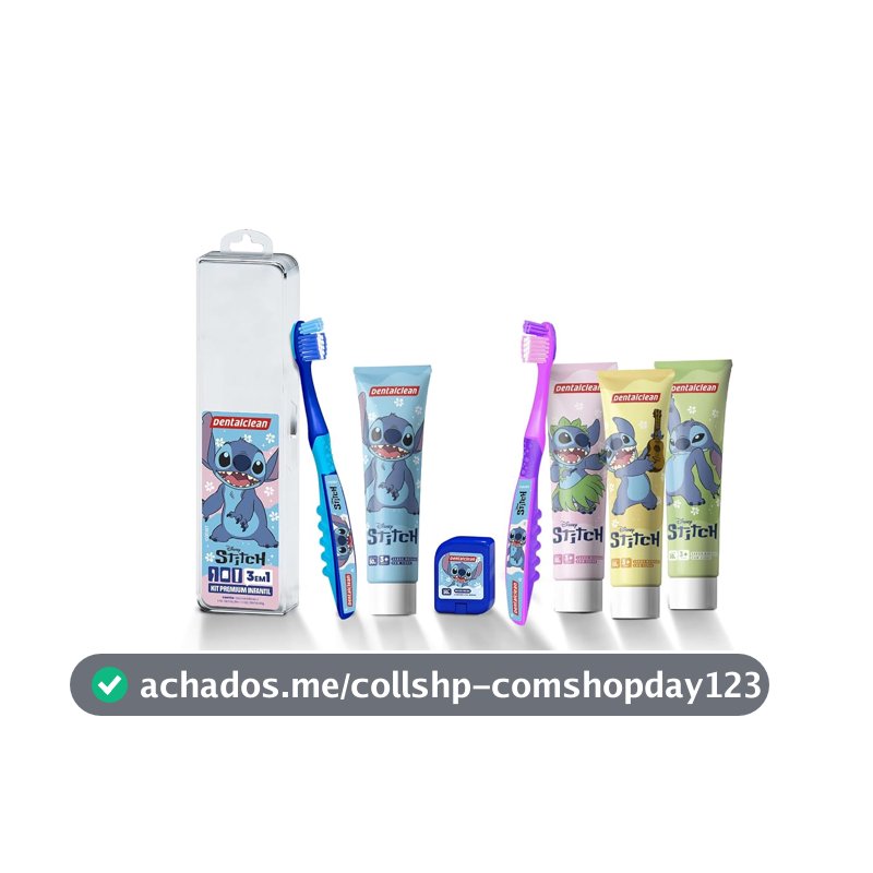 Kit Infantil Dentalclean Stitch Gel 50g com Flúor + Escova Macia + Fio 20m + Estojo