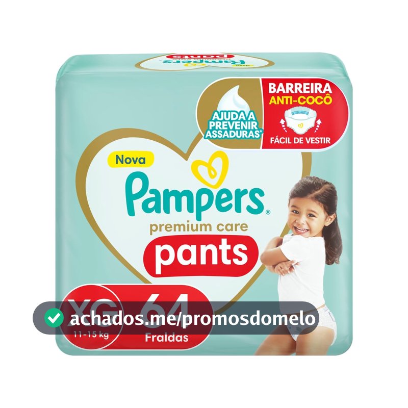 Fralda Pampers Premium Care Pants Tamanho XG, Fácil de Vestir, 64 Unidades