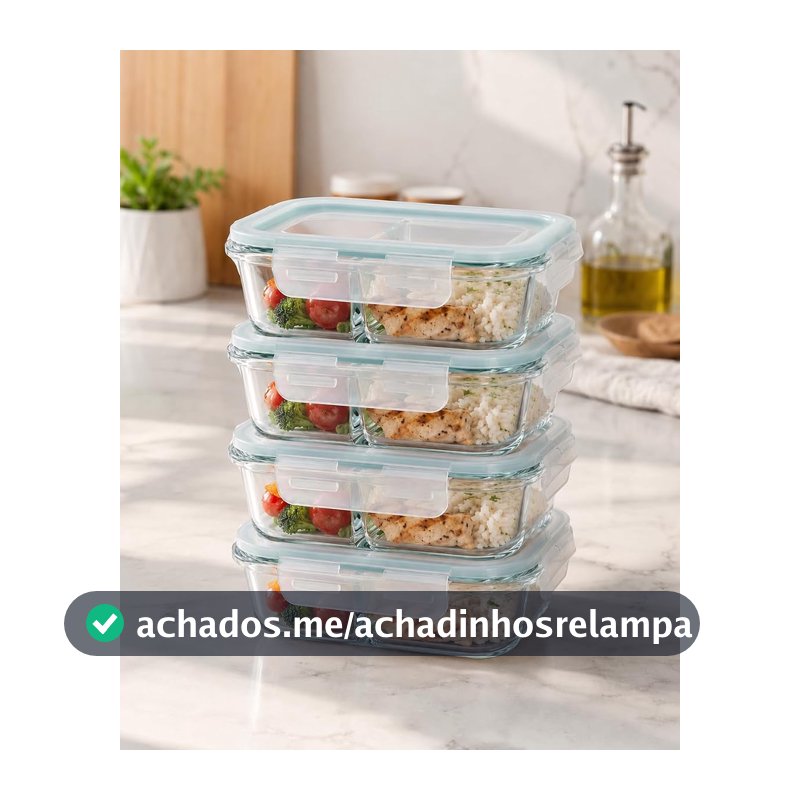 Kit 4 Potes de Vidro Borossilicato 640ml com Divisória e Tampa Hermética