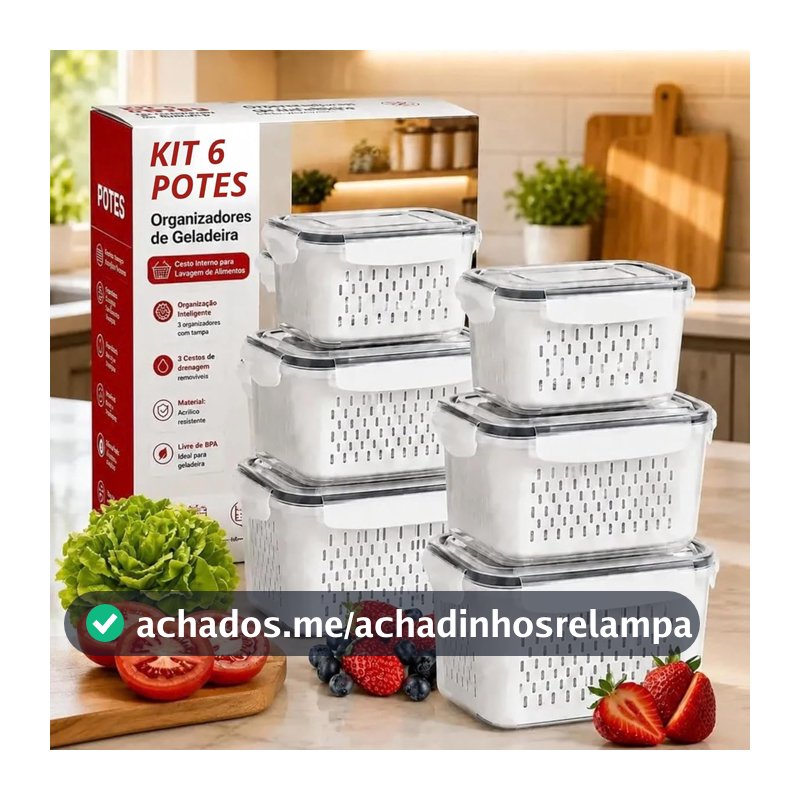 Kit 6 Organizadores Geladeira Alimentos Frutas Transparente Tampa Trava Hermético