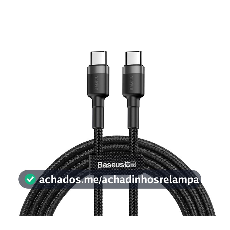 Cabo de 2 metros de Nylon BASEUS Turbo tipo C P/tipo C 60wats 3amp Cor Preto (2M - USB-C P/USB-C)