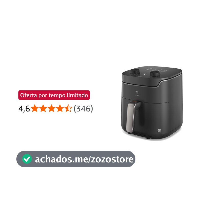 Electrolux Air fryer Fritadeira Elétrica sem oleo Rita Lobo 5,8L 8 receitas pré-sugeridas timer 60 minutos desligamento automático cesto removivel dupla camada antiaderente 1400W EAF40 127v Cinza