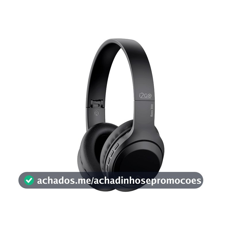 I2GO, Headphone Bass 300, Bluetooth, Microfone Integrado, Controle Multimídia, Até 10h de bateria, Tecnologia Dual Connect, Entrada cabo auxiliar P2 (incluso), Dobrável, Preto