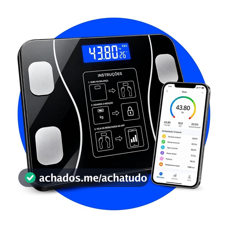 Balança Corporal Inteligente Digital Bluetooth até 180kg, Bioimpedância, Aplicativo, Gordura Corporal, Massa Muscular, Precisão 50g Fitness Premium