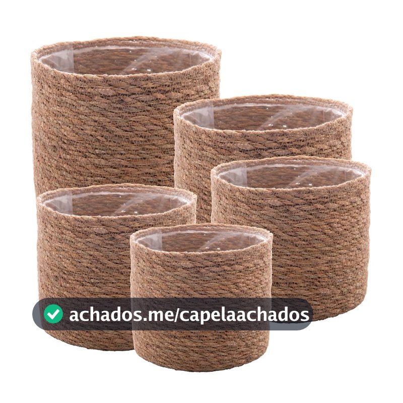 WOLFF - Conjunto 5 Cachepots de Fibra Natural com Forro de Plástico