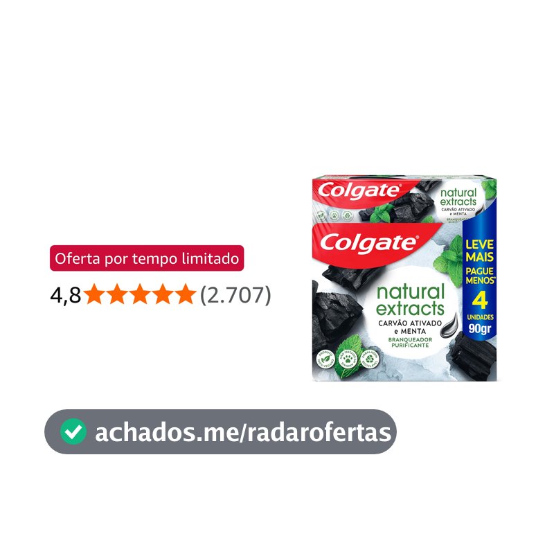 Colgate Natural Extracts Carvão Ativado Creme Dental, 90g, 4 Unid