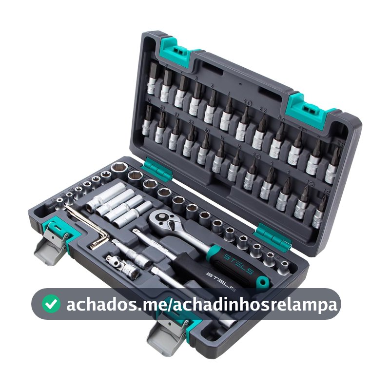 Stels Jogo de Ferramentas 57 Peças 1/4" - Aço Cromo Vanádio - Catraca 72 Dentes + Acessórios - Caixa Plástica Resistente - Ideal para Mecânica e Reparos Domésticos