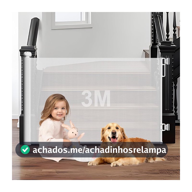 3m Portão Grade Retrátil de Proteção para Bebês e Cachorros, Portaozinho de Escada Instalação Sem Furos, Trava Dupla,Operação com uma mão,Portao Segurança Bebê Pet, Cercado para Cachorros Branco