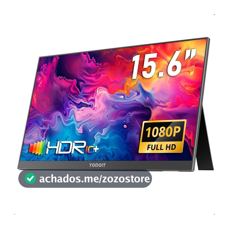 Yodoit Monitor portátil, ecrã IPS de 15,6" 1920×1080P FHD com suporte, conectividade USB-C e HDMI, altifalantes integrados, para computador portátil/PC/Mac/PS3/4/5/Xbox