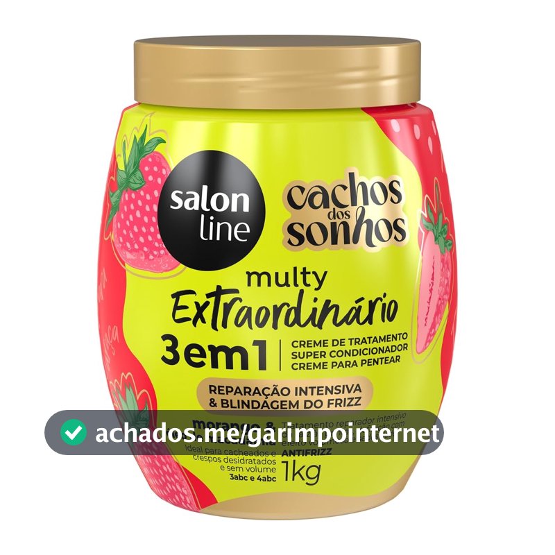 Salon Line, Creme de Tratamento 3 em 1, Multy Extraordinário, Cachos dos Sonhos, Morango e Óleo de Macadâmia, Vegano - Para Cabelos Cacheados e Crespos, 1kg