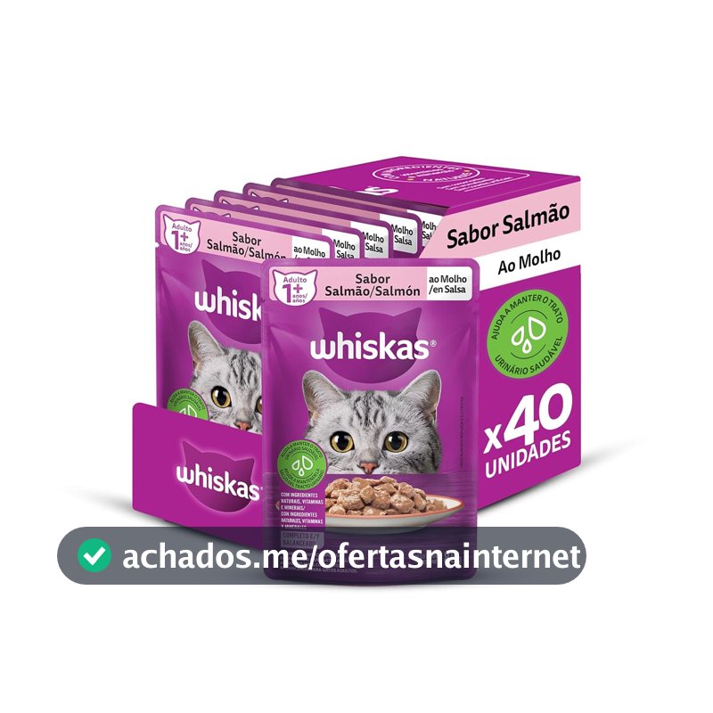 Pack Ração Úmida Whiskas Sachê Salmão ao Molho para Gatos Adultos 85 g - 40 unidades