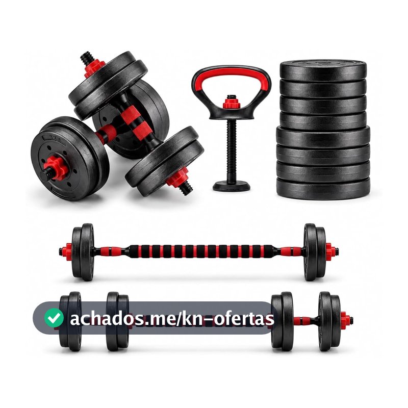 Halteres Ajustáveis Kit 6 em 1 até 10 kg com Barra Longa, Anilhas, Kettlebell e Apoio para Flexão — Halter para Treino de Força, Musculação, Academia em Casa, Pesos para Exercícios em Casa e Funcional