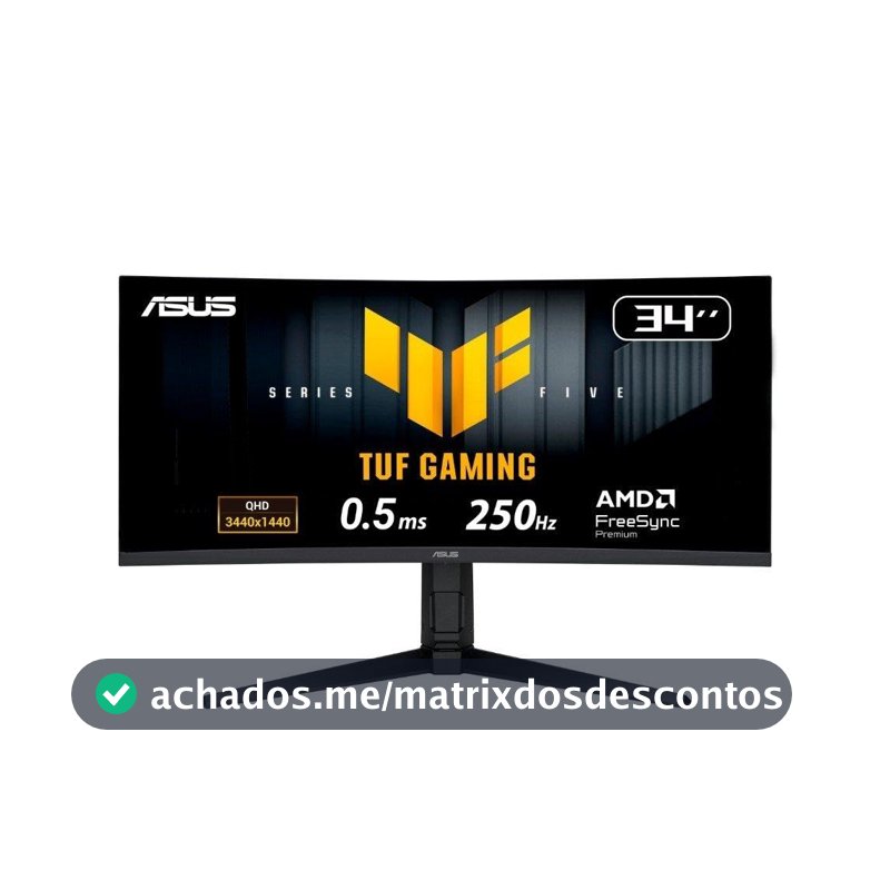Monitor Gamer Curvo ASUS TUF 34"", WQHD, 250Hz, 0.5ms, Fast VA, FreeSync Premium, Altura Ajustável, Som Integrado, Preto - VG34WQML5A