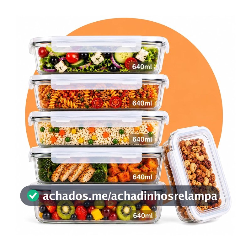 Kit 6 Potes de Vidro Hermético 640ml Borossilicato com Tampa 4 Travas – Recipiente Retangular para Marmita, Micro-ondas, Forno e Freezer – Armazenamento de Alimentos – Sem BPA