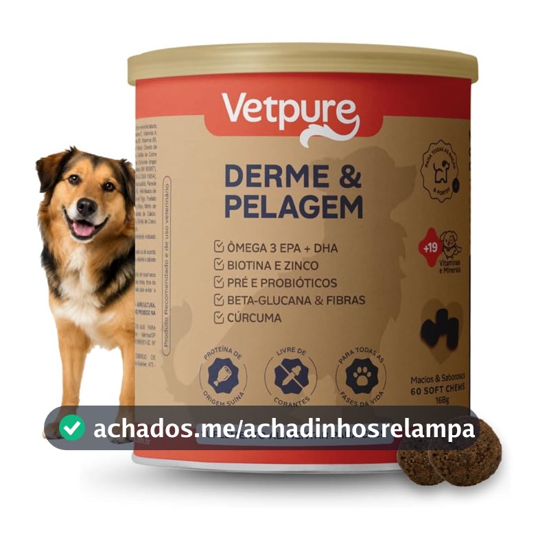 VetPure Derme e Pelagem, Suplemento Alimentar para Cães, Ômega 3 EPA + DHA, Biotina e Zinco, Pré e Probióticos, Beta-Glucana e Fibras, Cúrcuma, 60 Tabletes Mastigáveis