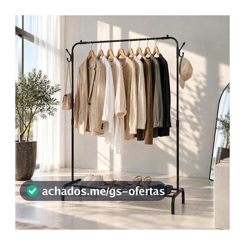 Cabideiro Arara de Roupas de Chão com Sapateira 126x145x47,5cm Organizador para Quarto Closet Loja e Lavanderia