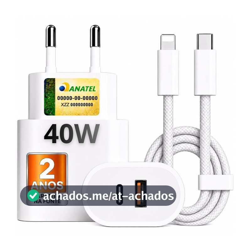 Carregador Turbo 40W USB-C + USB-A Compatível com IPhone 8 X Xr 11 12 13 14, Bivolt 110/220V - CABO DE NYLON - Carregamento POWER DUO