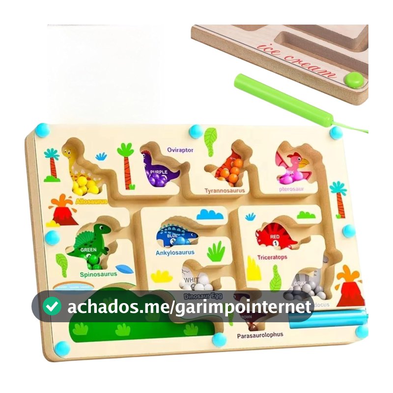 Labirinto Magnético Infantil Dinossauros Montessori, Jogo Educativo e Pedagógico de Madeira com Imã, Brinquedo de Coordenação Motora para Crianças 3+ Anos