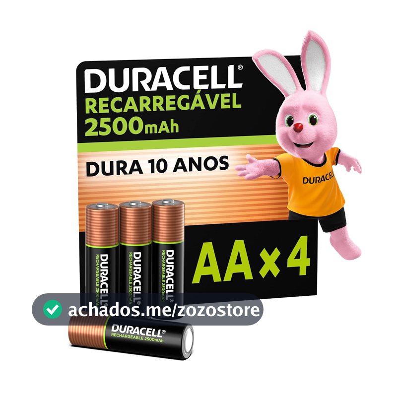 Duracell Pilha Recarregável AA 2500mAh Pequena Com 4 Unidades – Ideal para Controle Xbox™, Câmeras Digitais e Brinquedos de Alto Consumo