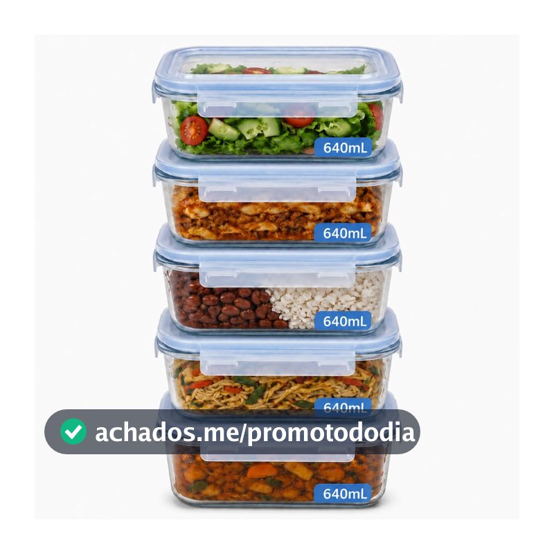 Kit 5 Potes de Vidro Borossilicato 640ml Herméticos com 4 Travas Ideal para Marmitas e Conservação de Alimentos, Vedação Total, Refratário para Forno e Freezer