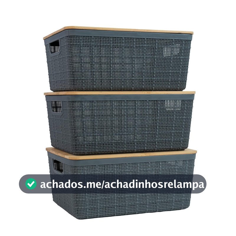 Oikos - Kit Caixa Organizadora 4L com Tampa de Bambu Cinza