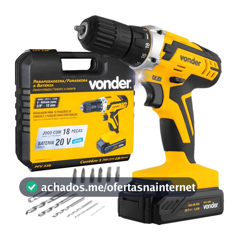 Vonder, Parafusadeira/Furadeira a Bateria PFV 238, 20V, Bivolt, Velocidade Variável, com Maleta e Acessórios, Amarelo