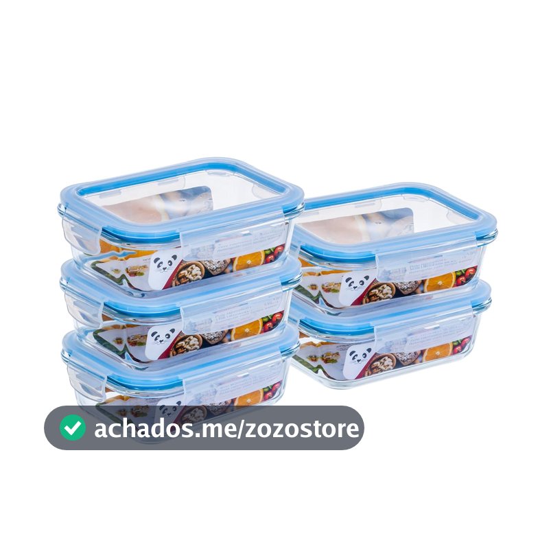 Kit com 5 Potes de Vidro Gato Panda, 640 ml, Retangular, com Tampa Hermética, Azul