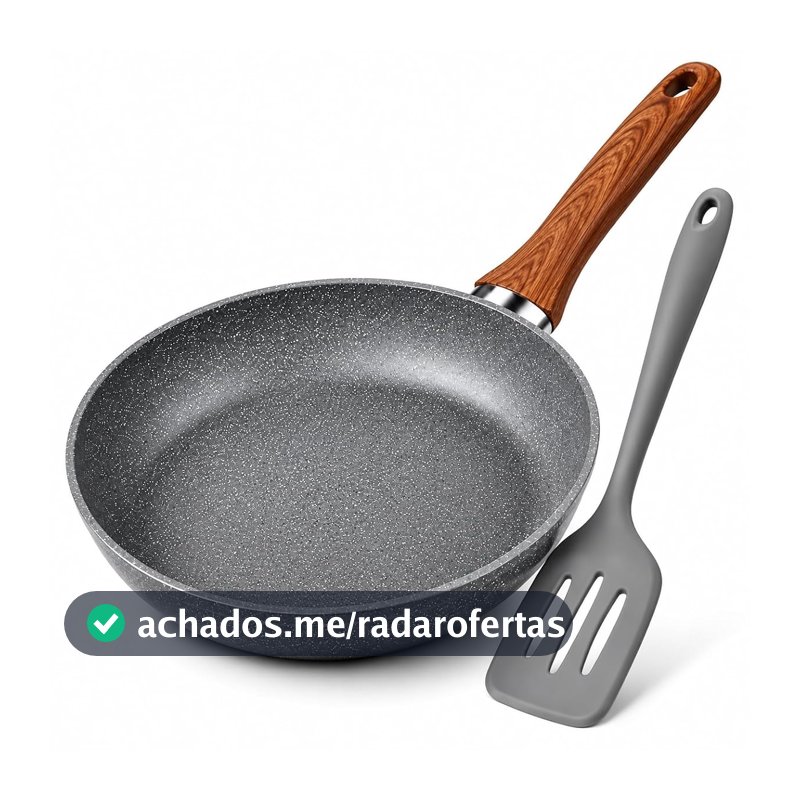 Frigideira Antiaderente 24 cm com Espátula Silicone, Revestimento Ceramico Granitado, Cabo com Efeito Madeira, Fogão a Gás Indução Elétrico, Ovos, Carnes, Legumes, Refeições do Dia a Dia