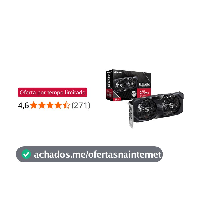 Placa de Vídeo ASRock Radeon RX 7600 Challenger OC, 8GB, GDDR6, 128-Bit, FSR, Ray Tracing, Preto