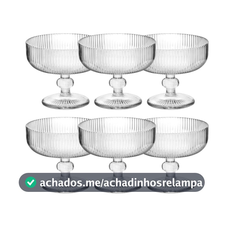 Jogo com 6 Taças de Vidro Canelado 320ml para Sobremesa Sorvetes e Doces Transparente Design Sofisticado Resistente Ideal para Mesa Posta Cozinha Restaurante Premium