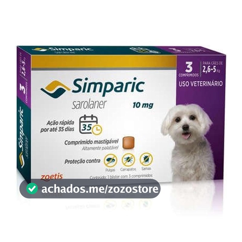 Zoetis Simparic 10Mg Para Cães De 2 6 A 5Kg Com 3 Comprimidos