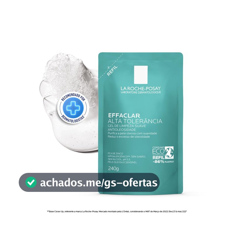 La Roche-posay Effaclar Gel Alta Tolerância. Limpeza Facial. Limpa a Pele Suavemente Reduzindo a Oleosidade e Eliminando o Brilho. Pele Oleosa e Sensível. Caprylyl Glycol, Glicerina, PCA de Zinco.