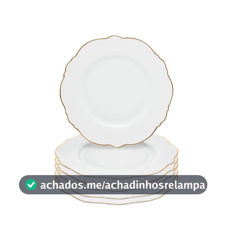 WOLFF - Conjunto 6 Pratos Rasos de Porcelana Maldivas Branco com Fio de Ouro 28cm x 2cm