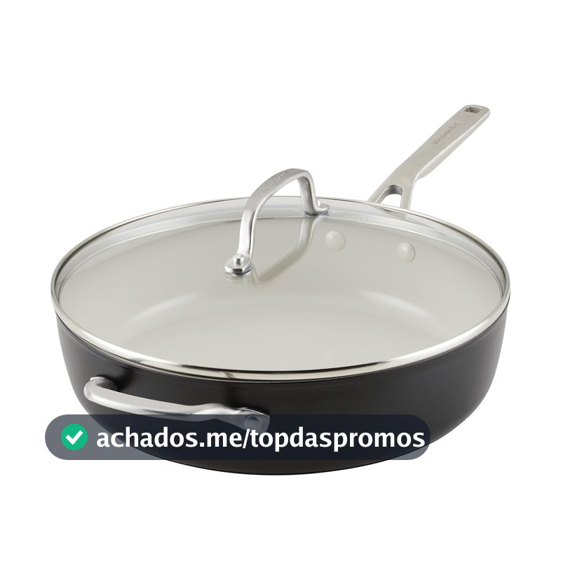 KitchenAid Frigideira antiaderente de cerâmica anodizada dura com tampa, 5 litros - preto fosco