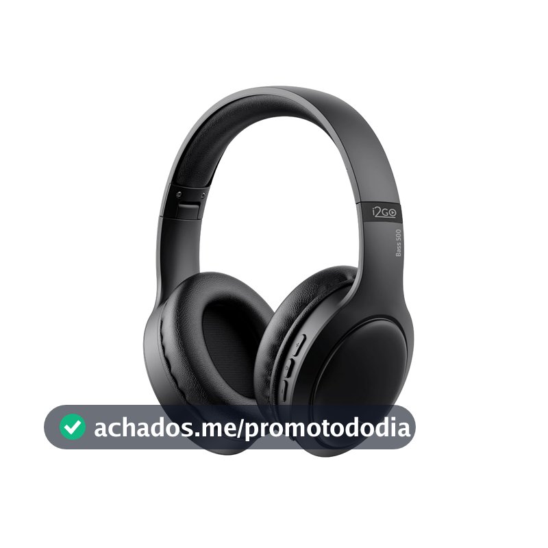I2GO, Headphone Bass 500, Bluetooth, Microfone Integrado, Controle Multimídia, Até 30h de bateria, Entrada cabo auxiliar P2 (incluso), Dobrável, Preto, i2GO PRO