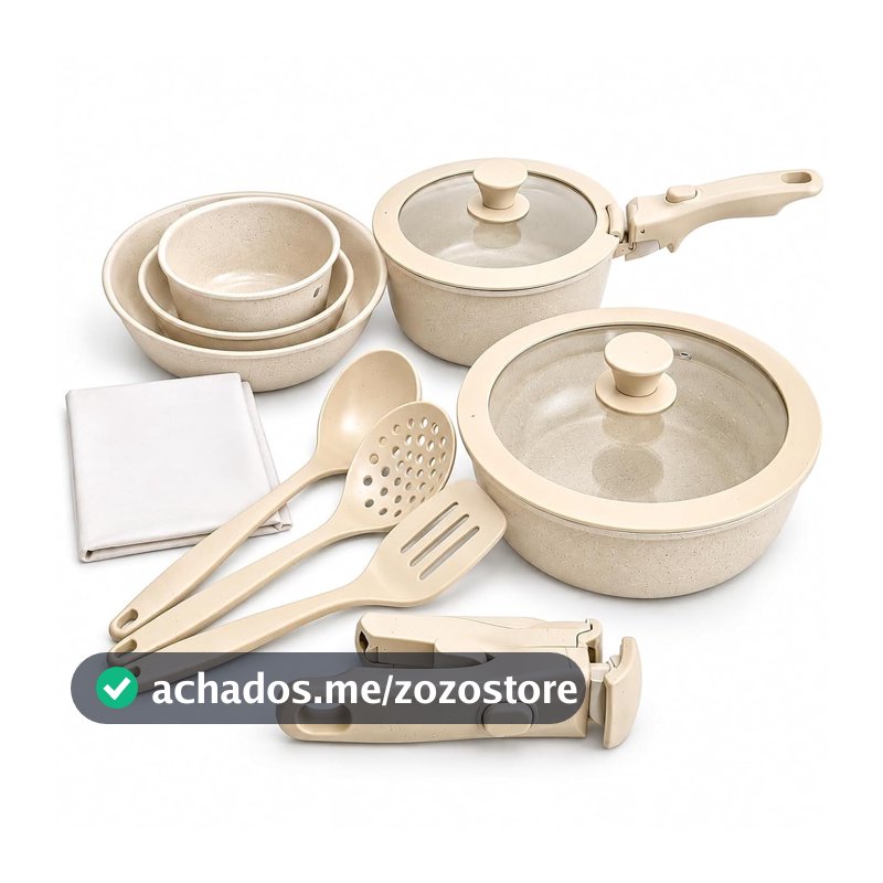 Conjunto de Panelas 15 Peças Antiaderente Indução Cabos Removíveis Vanilla