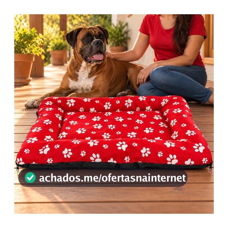 Colchonete G para Cachorro Grande, Almofada Removível com Zíper, 80x60cm, Vermelho com Estampa